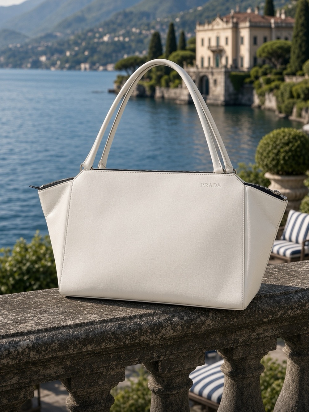 Prada White Leather Shoulder Tote